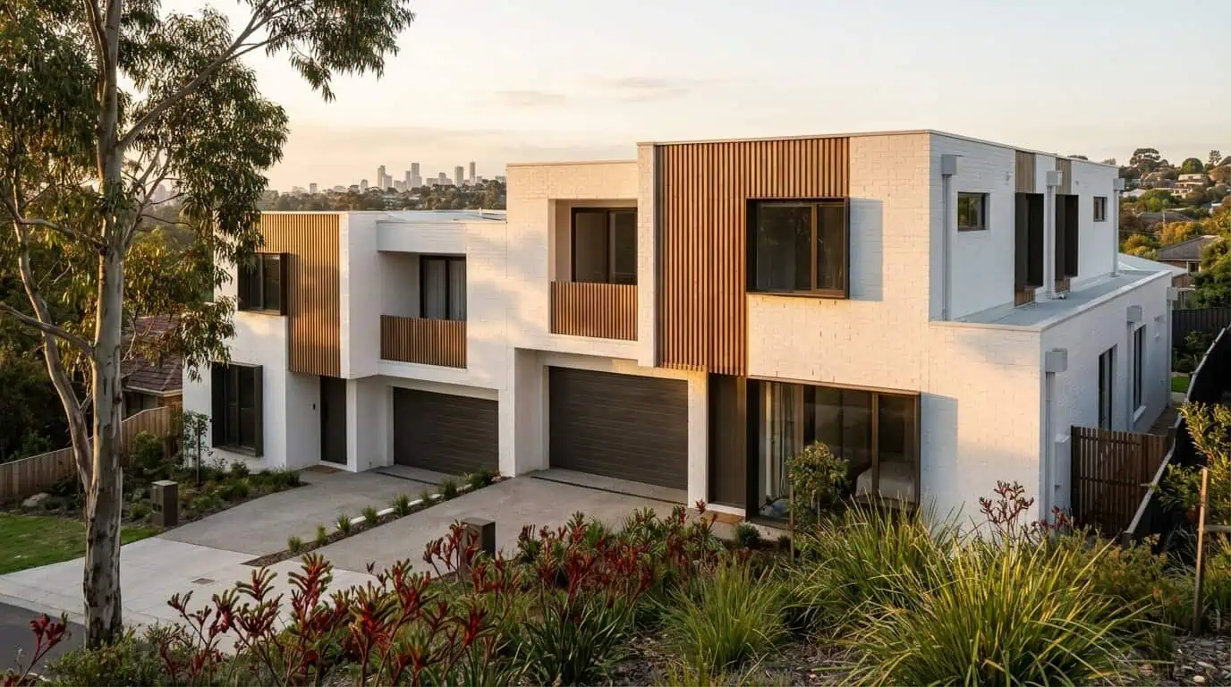 Doncaster Duplex - Street View with Melbourne CBD Skyline