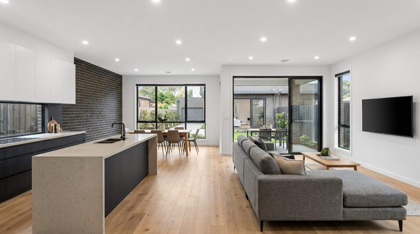 Ferntree Gully Townhouses - Open Plan Living with Charcoal Brick Feature