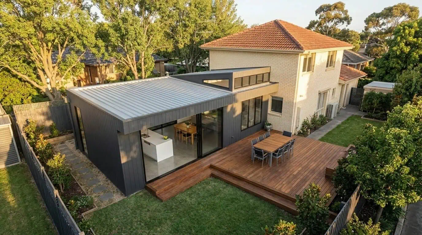 Rowville Pavilion - Connection to Original Two-Storey Cream Brick Home