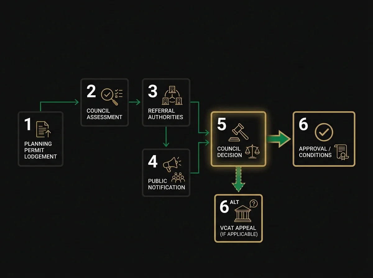 Planning permit application flowchart showing Victorian development approval process from submission to VCAT