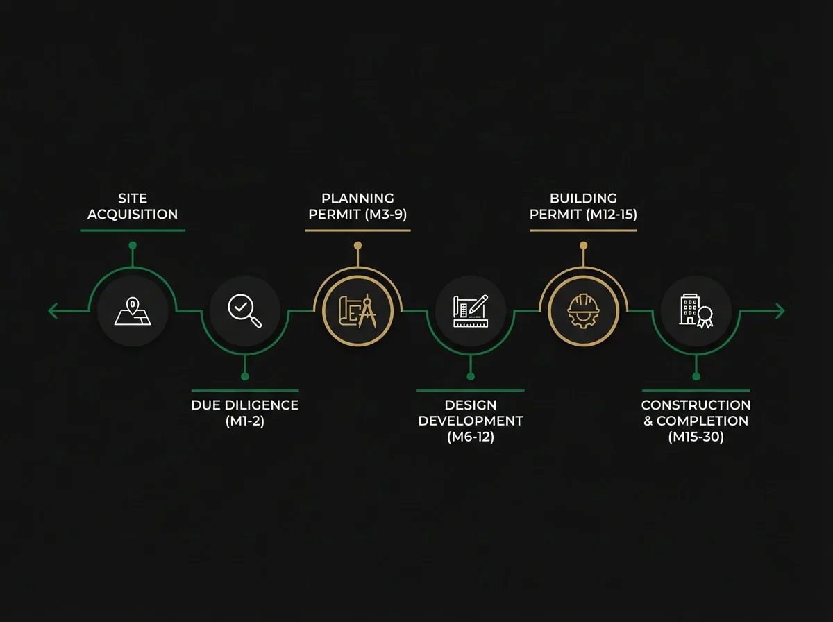 Property development project timeline showing typical Melbourne development phases from acquisition to completion