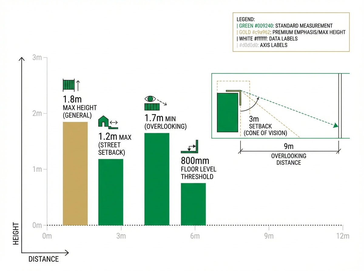 Privacy screen height and setback requirements diagram showing Victorian building regulations measurements