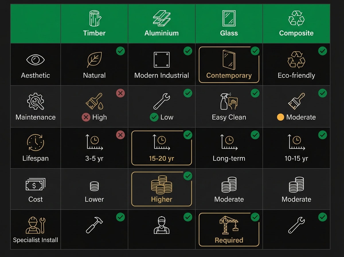 Privacy screen materials comparison chart showing timber, aluminium, glass and composite options for Melbourne properties