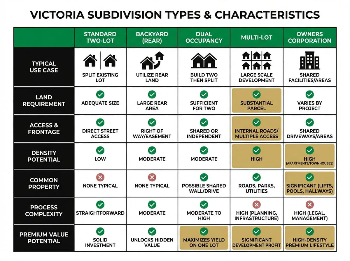 Comparison chart of subdivision types in Victoria including two-lot, backyard, and dual occupancy