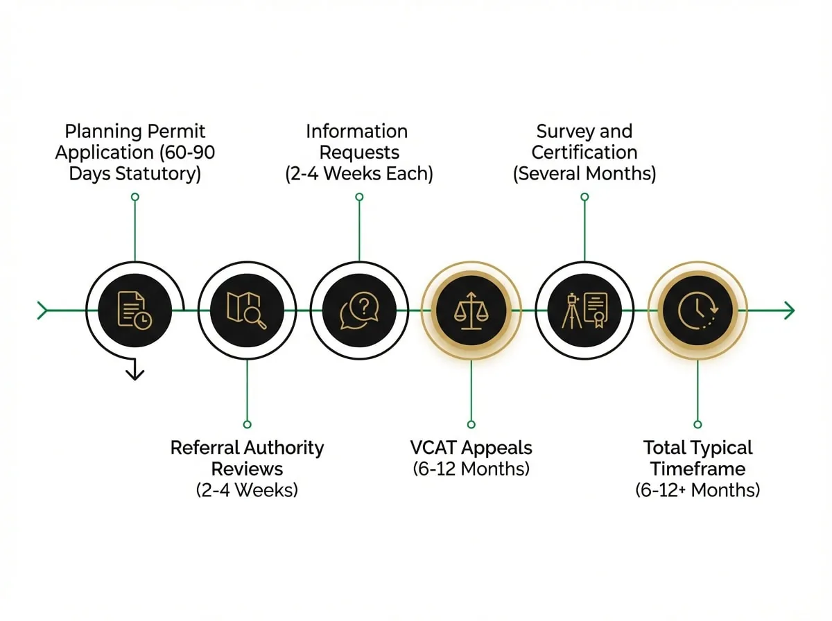 Timeline diagram showing Melbourne subdivision approval timeframes from application to registration