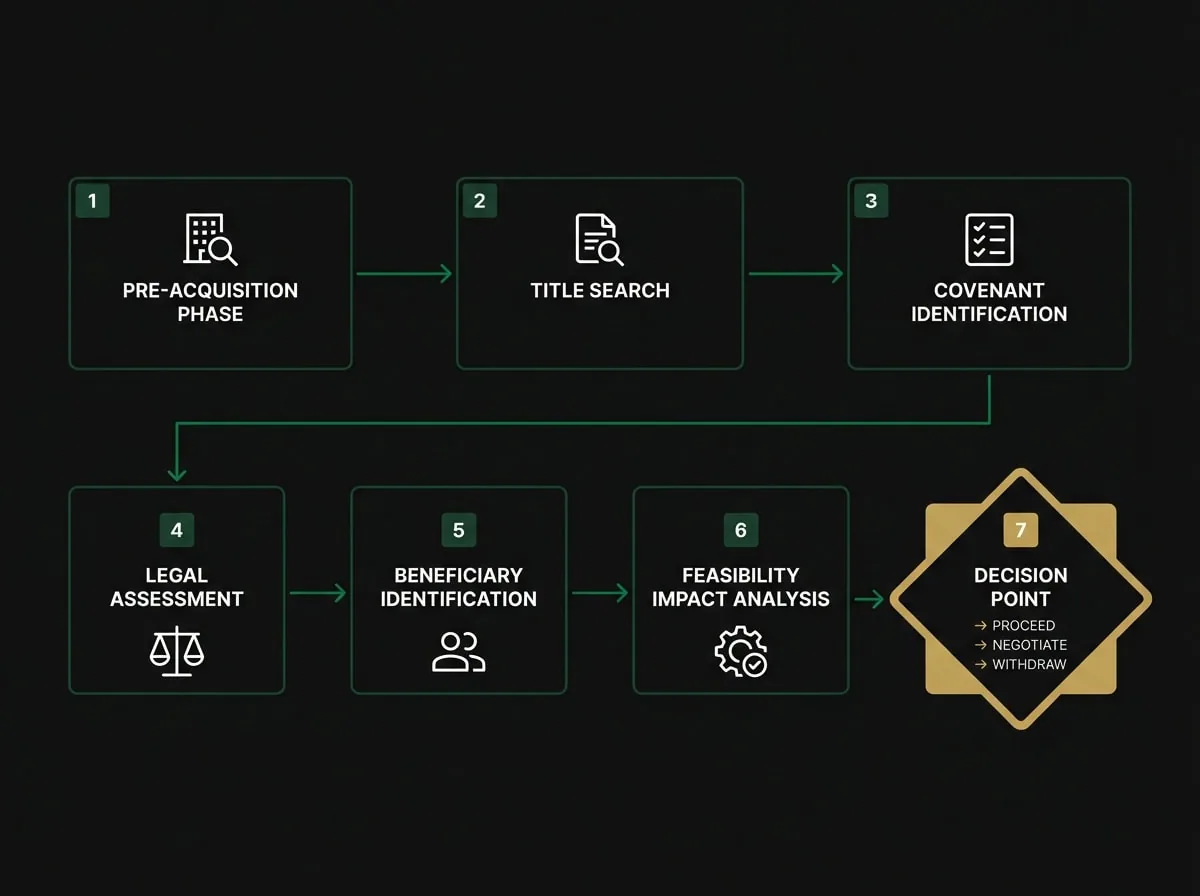 Property covenant due diligence flowchart showing Melbourne developer investigation steps from title search to acquisition decision