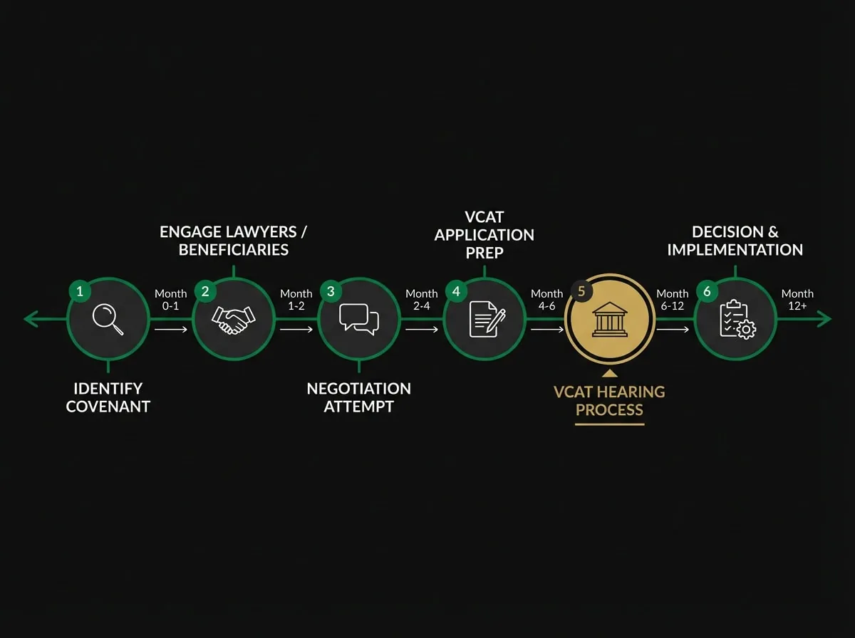 VCAT covenant removal timeline showing 6-12 month process for Victorian property developers