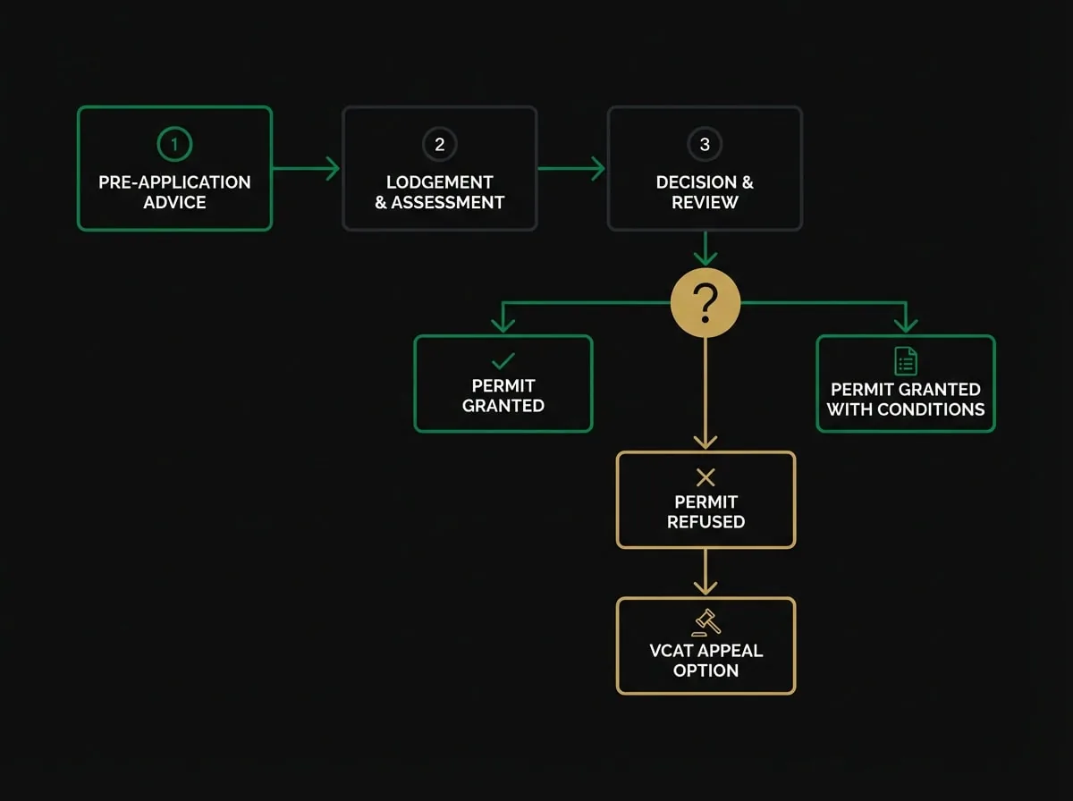 Melbourne planning permit application process flowchart showing three stages from pre-application to council decision