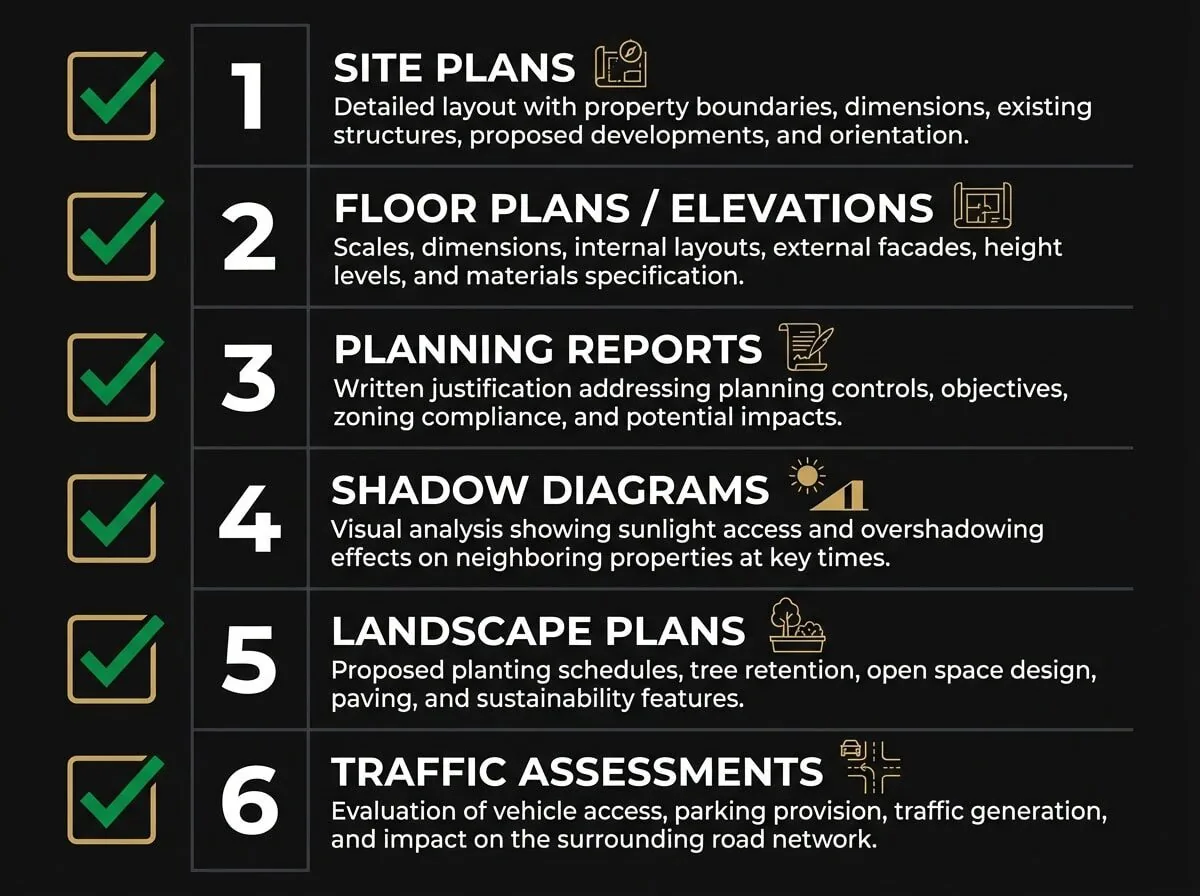 Planning permit documentation checklist for Melbourne planning permits showing required plans and reports