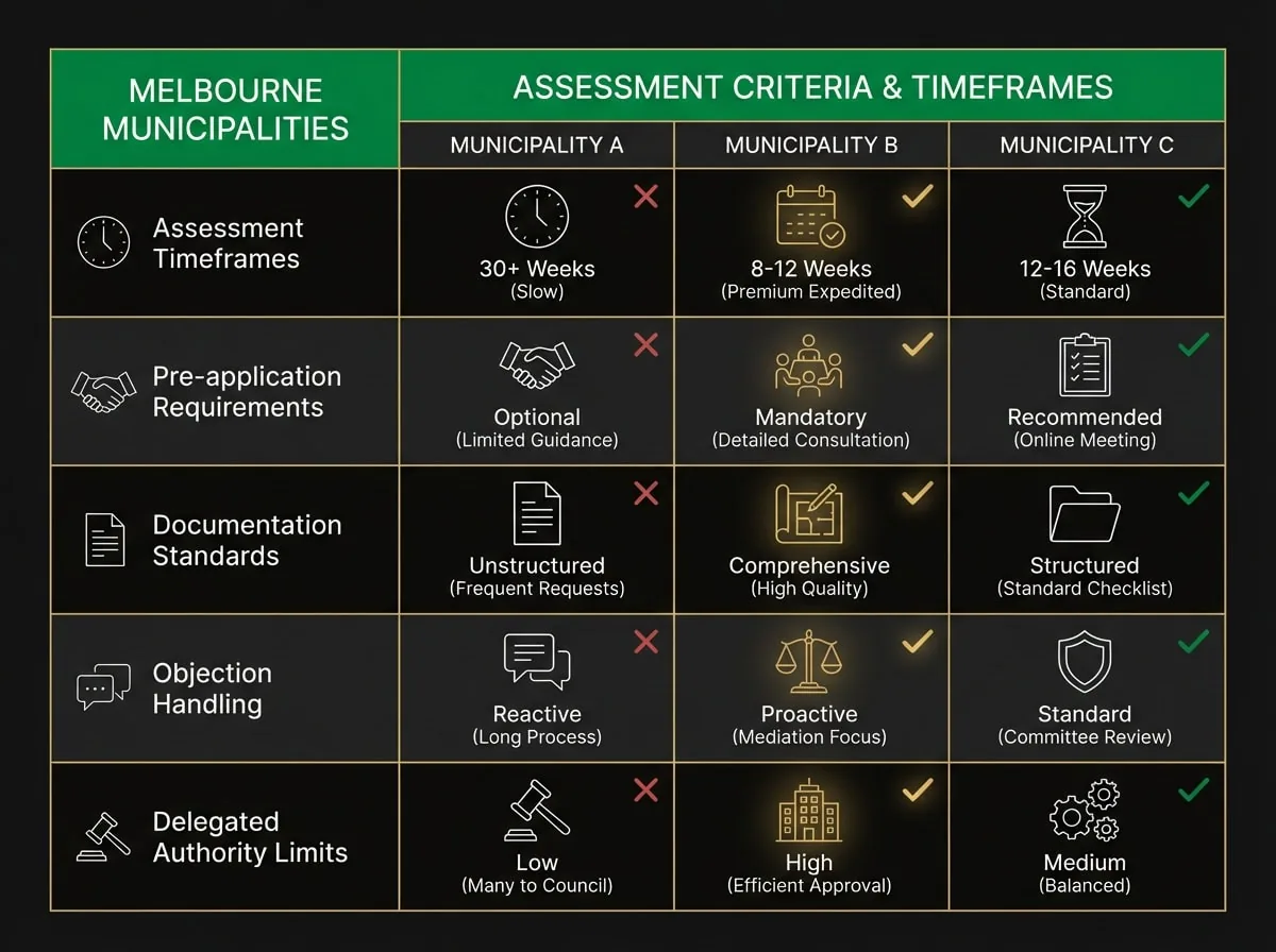 Melbourne council planning process comparison chart showing variations in assessment criteria and timeframes