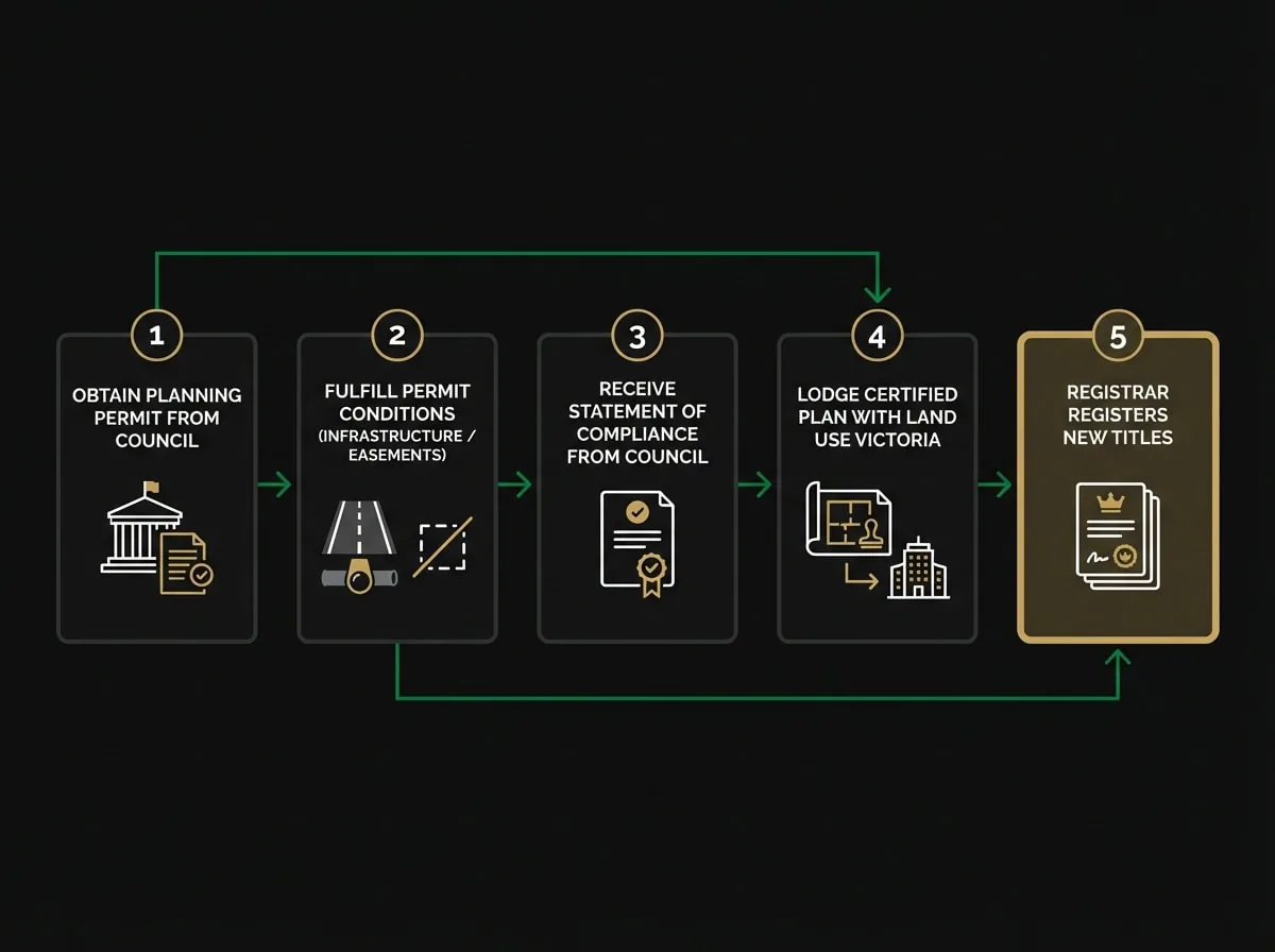 Plan of subdivision Victoria approval process flowchart showing five stages from planning permit to title registration