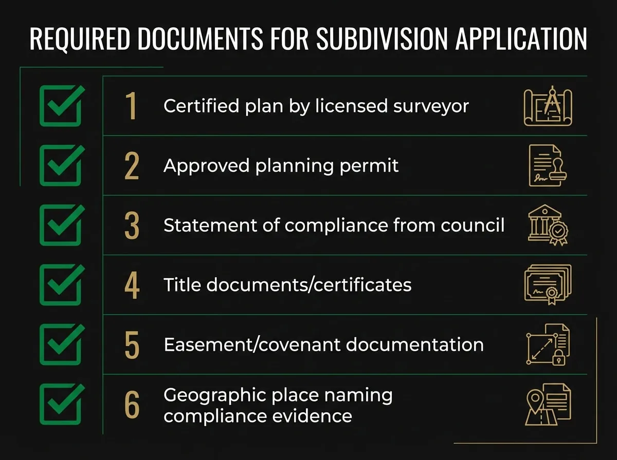 Plan of subdivision Victoria documentation checklist showing six required documents for application submission