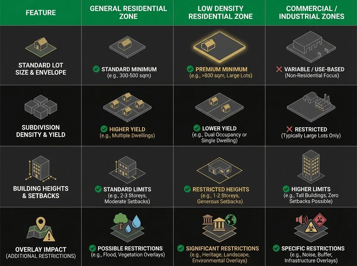 Victoria subdivision zoning comparison chart showing requirements for residential, low-density, and commercial zones