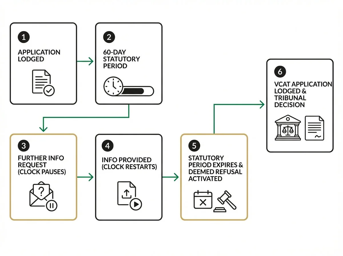 Deemed refusal planning permit flowchart showing Victorian statutory timeframes and VCAT escalation pathway