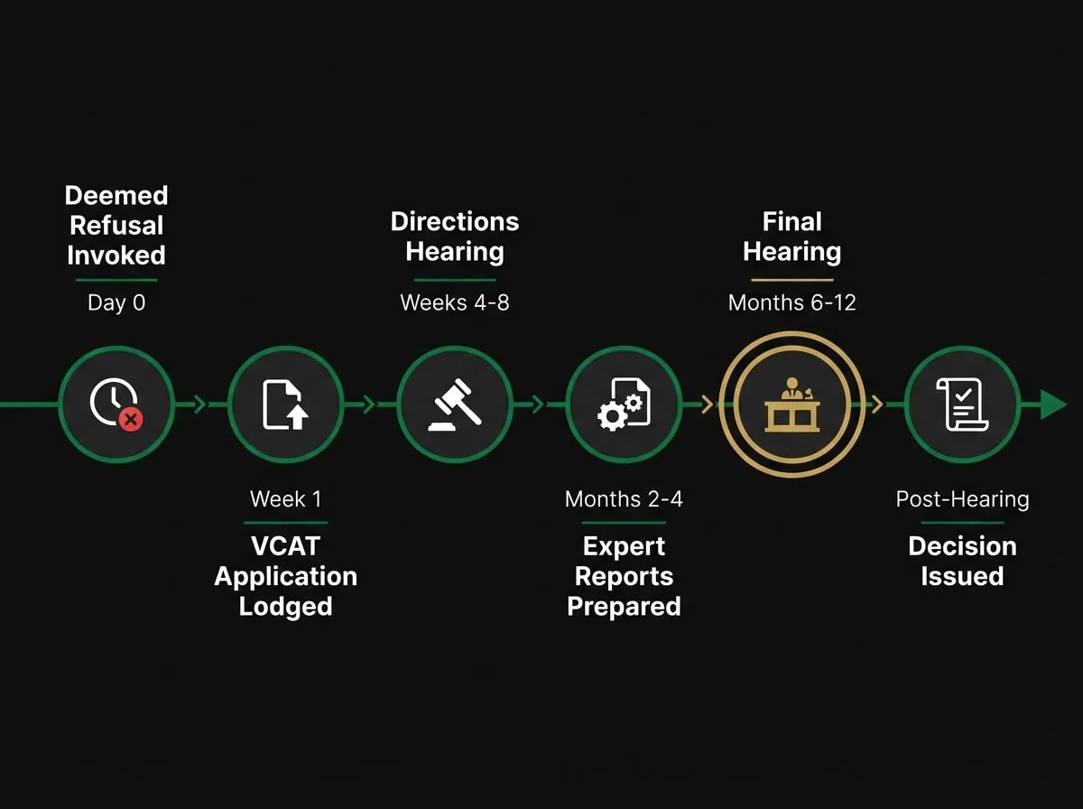 Timeline diagram showing VCAT proceedings stages from deemed refusal to tribunal decision for Melbourne planning permits