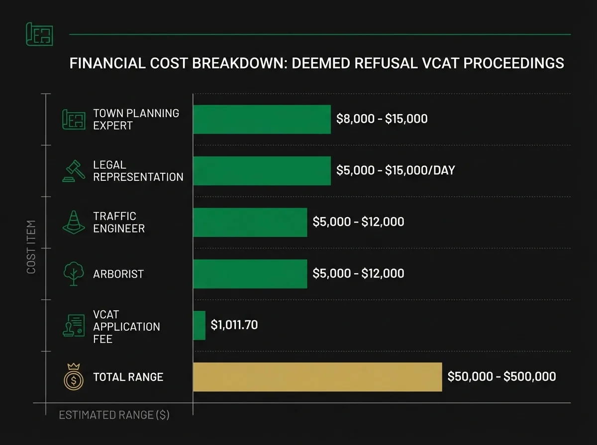 Cost breakdown chart for VCAT proceedings following deemed refusal showing expert witness and legal fees for Melbourne developers