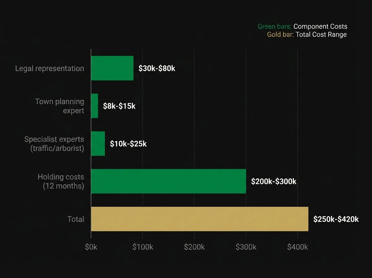 VCAT appeal cost breakdown data visualization showing legal fees, expert witness costs, and holding costs for Melbourne developers