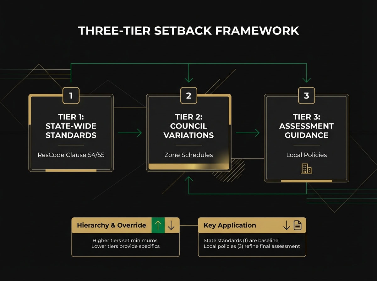 Victorian planning setback framework flowchart showing three regulatory tiers from ResCode to local policies
