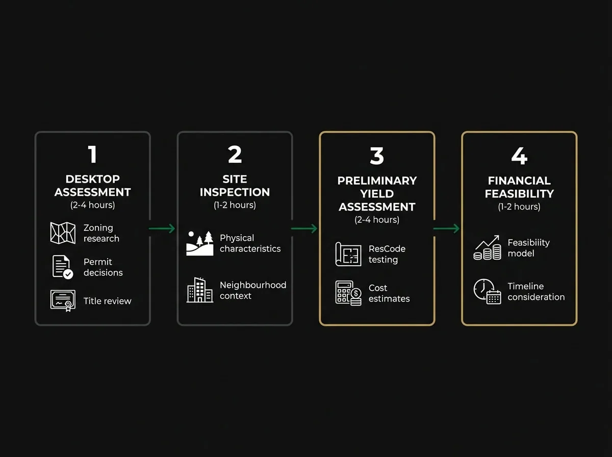 Multi-residential site assessment flowchart showing 4-stage evaluation process for Melbourne development sites