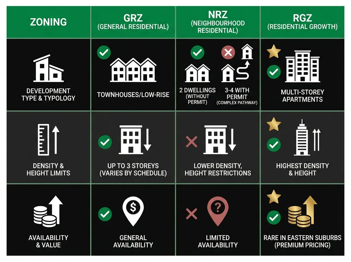 Melbourne residential zoning comparison chart showing GRZ, NRZ and RGZ development potential differences