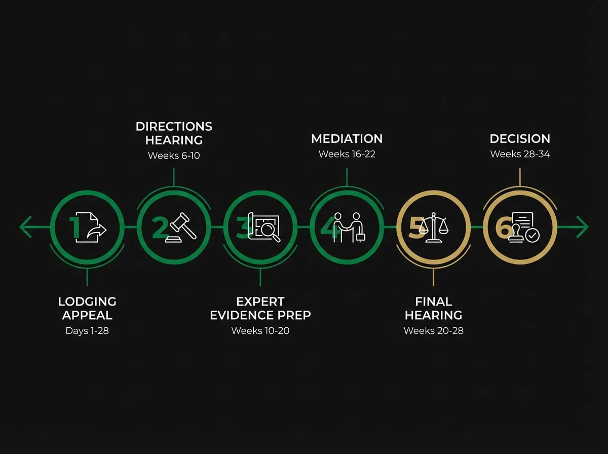 VCAT appeal timeline showing six stages from lodgement to decision for Melbourne medium density developments