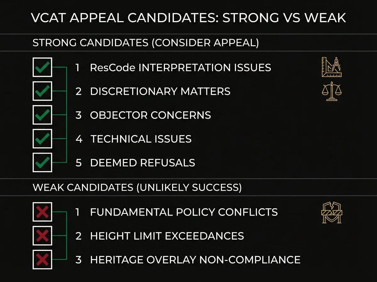 VCAT appeal decision checklist comparing strong and weak appeal candidates for medium density projects