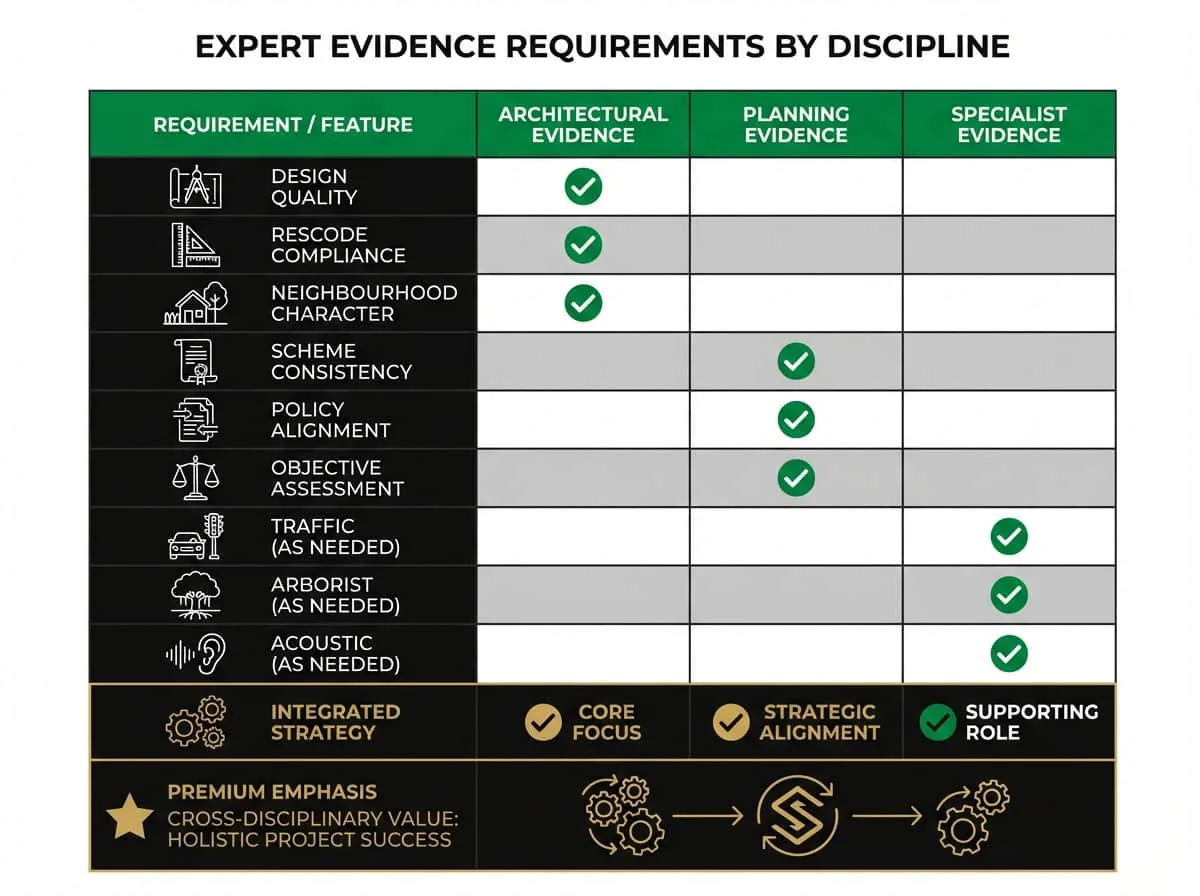 Expert witness comparison table for VCAT appeals showing architectural, planning and specialist evidence requirements