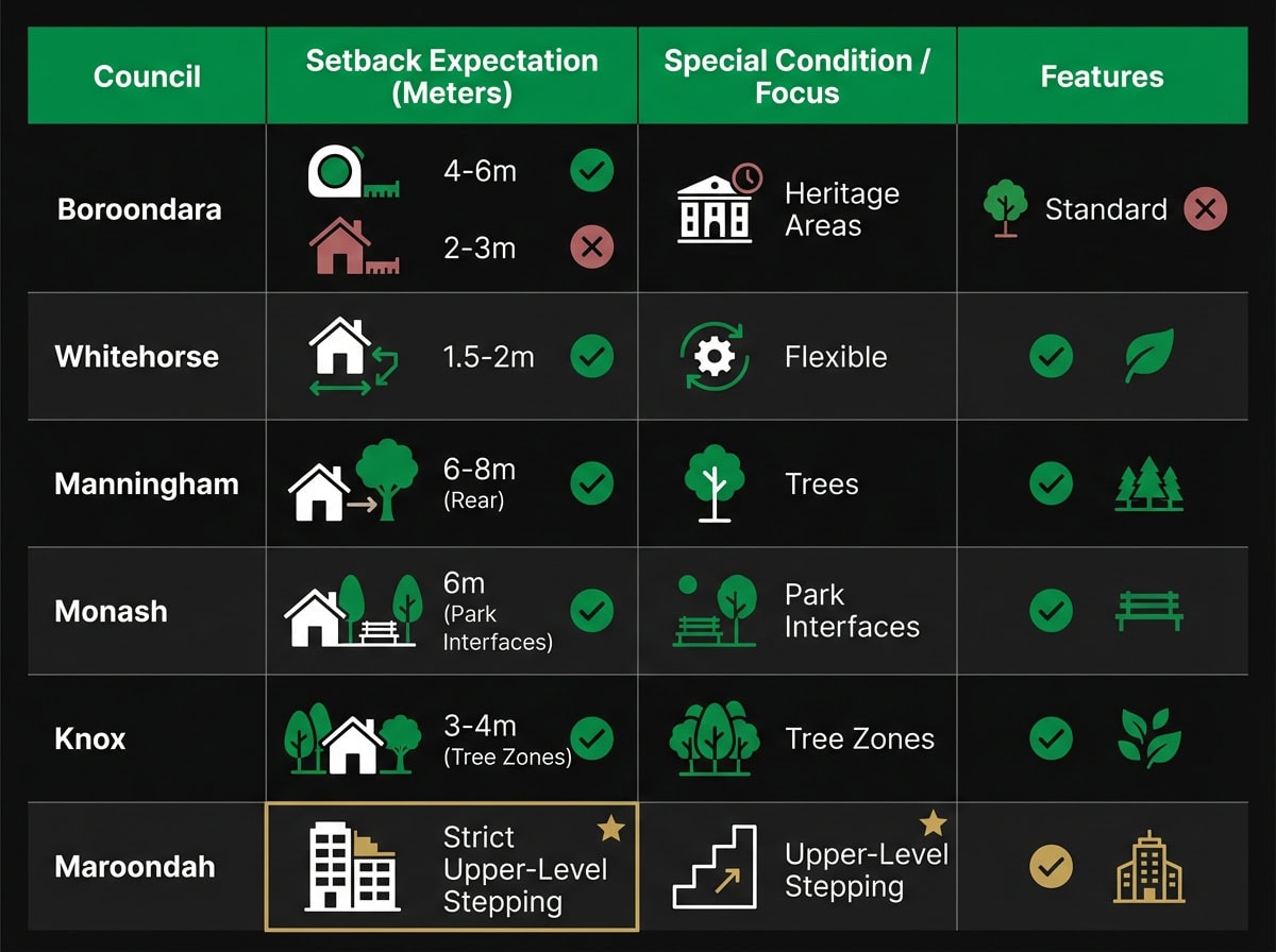 Eastern Suburbs council setback requirements comparison chart for Boroondara, Whitehorse, Manningham, Monash, Knox, Maroondah