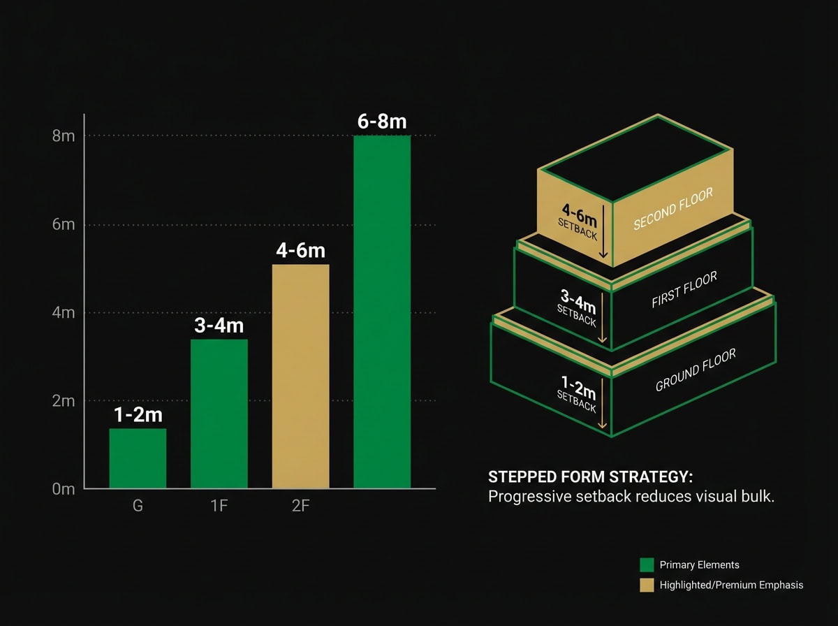 Stepped building setback diagram showing progressive floor-by-floor increases for Melbourne multi-storey developments