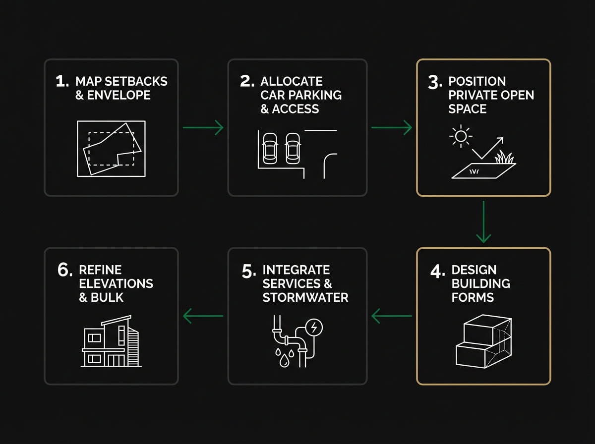 ResCode dual occupancy compliance flowchart showing 6-step design optimization sequence for Melbourne developments