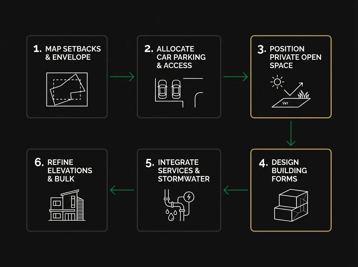 ResCode dual occupancy compliance flowchart showing 6-step design optimization sequence for Melbourne developments