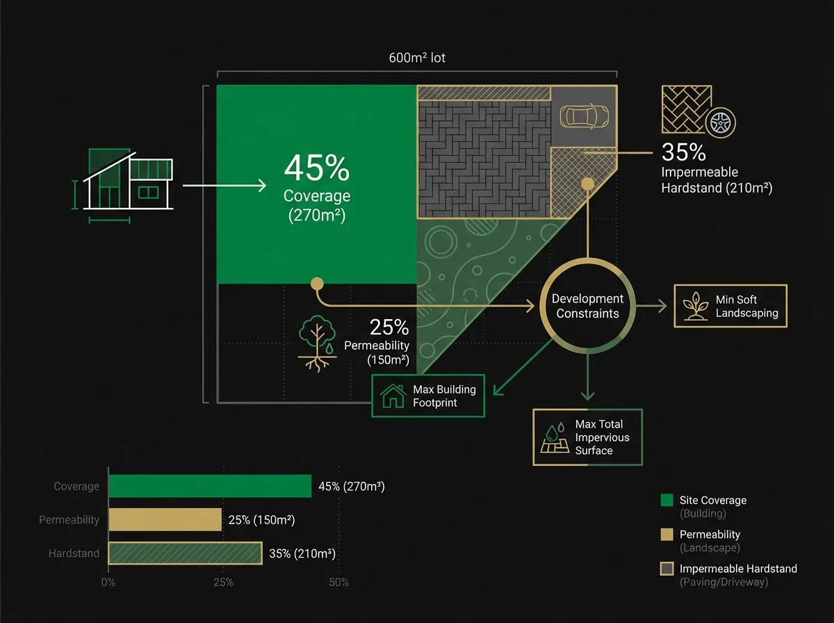 Site coverage and permeability requirements data visualization for 600m² dual occupancy lot in Melbourne