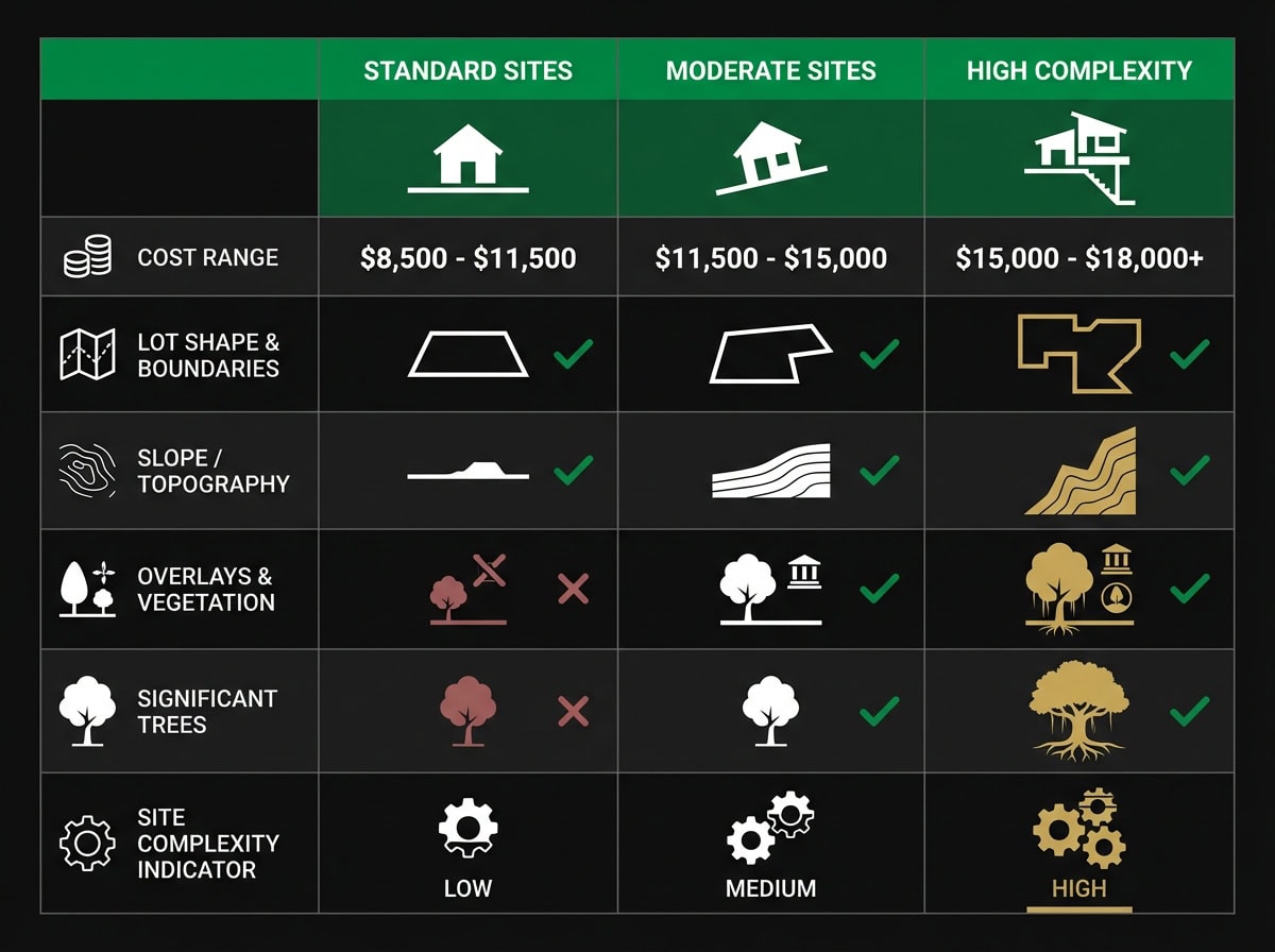 Dual occupancy planning permit cost comparison chart for Melbourne showing standard, moderate and high complexity site budgets