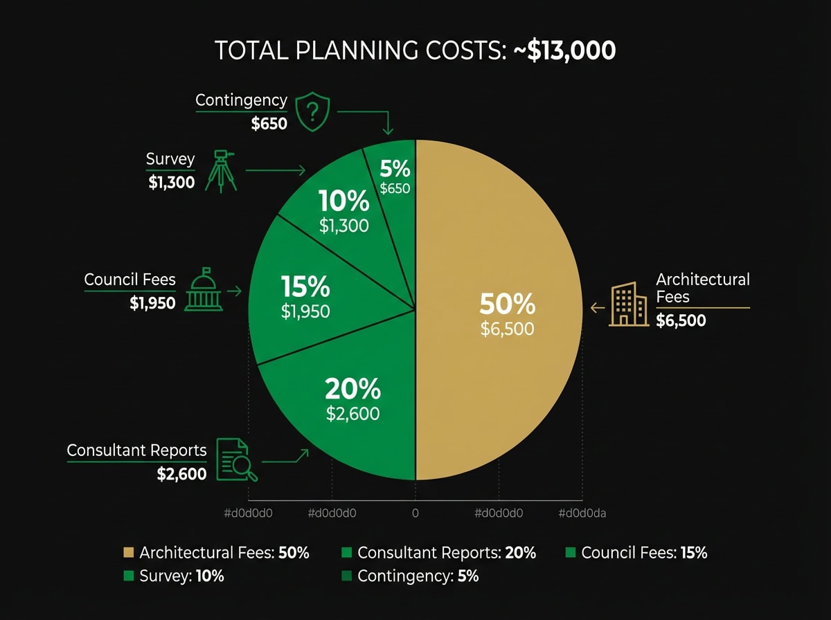Dual occupancy planning permit cost breakdown chart showing architectural fees, consultant reports and council charges in Melbourne