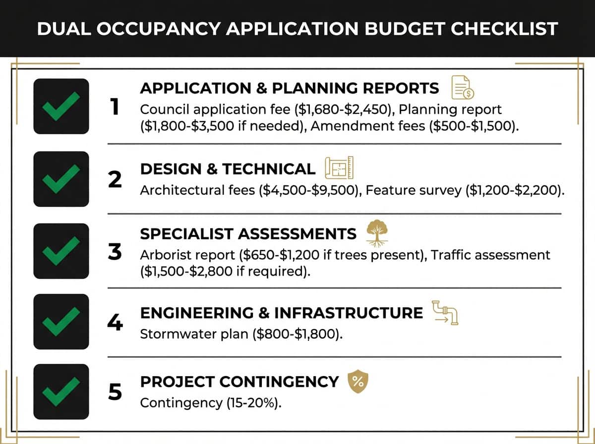 Dual occupancy planning permit budget checklist for Melbourne developers showing all professional fees and council charges