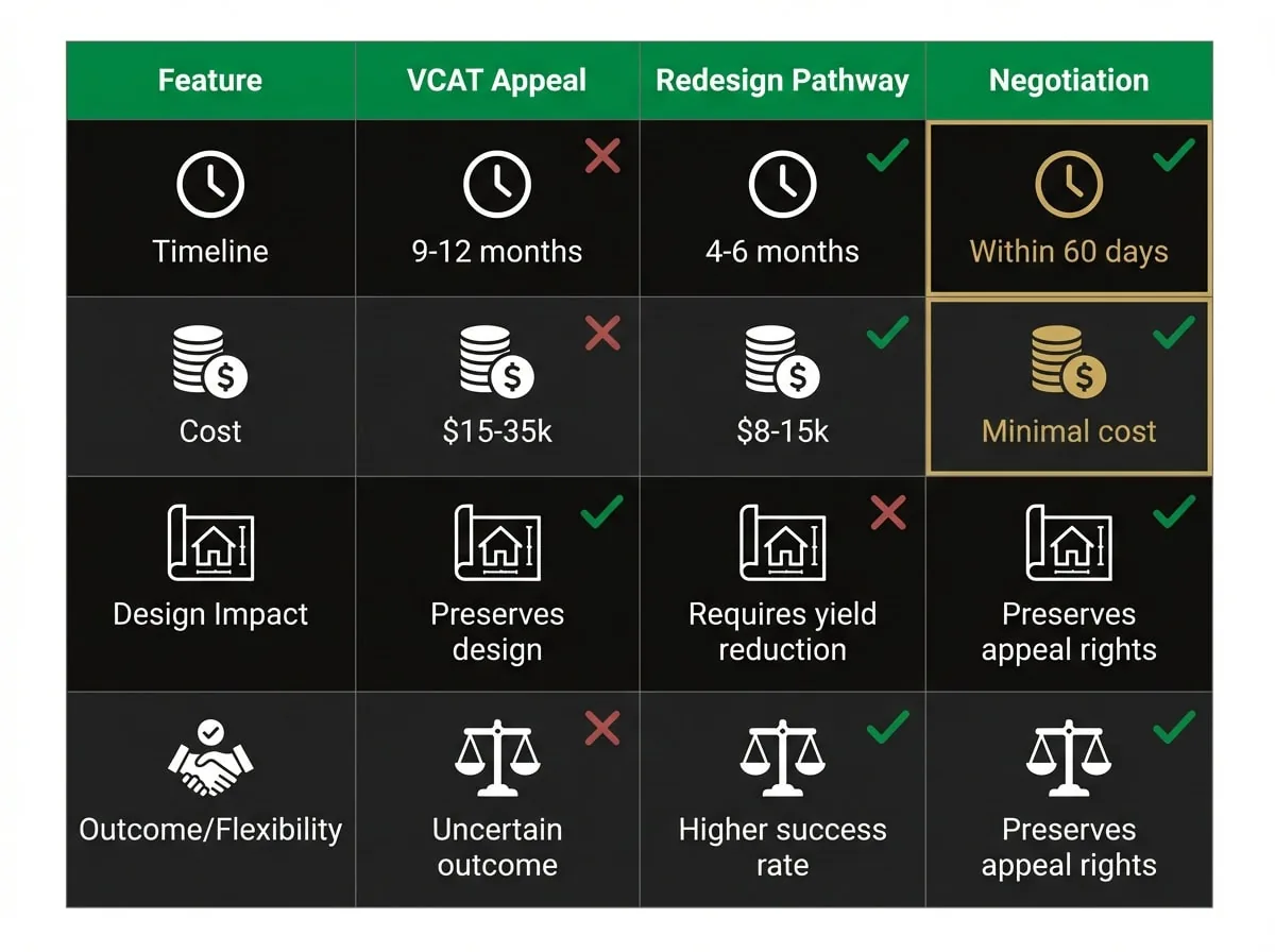 VCAT appeal versus redesign comparison chart for dual occupancy planning permit refusals in Victoria