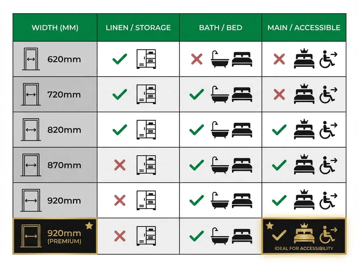 Standard internal door width comparison chart showing Australian residential door sizes from 620mm to 920mm