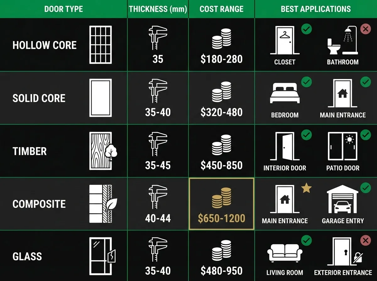 Door material comparison chart showing thickness specifications and cost ranges for Australian residential doors