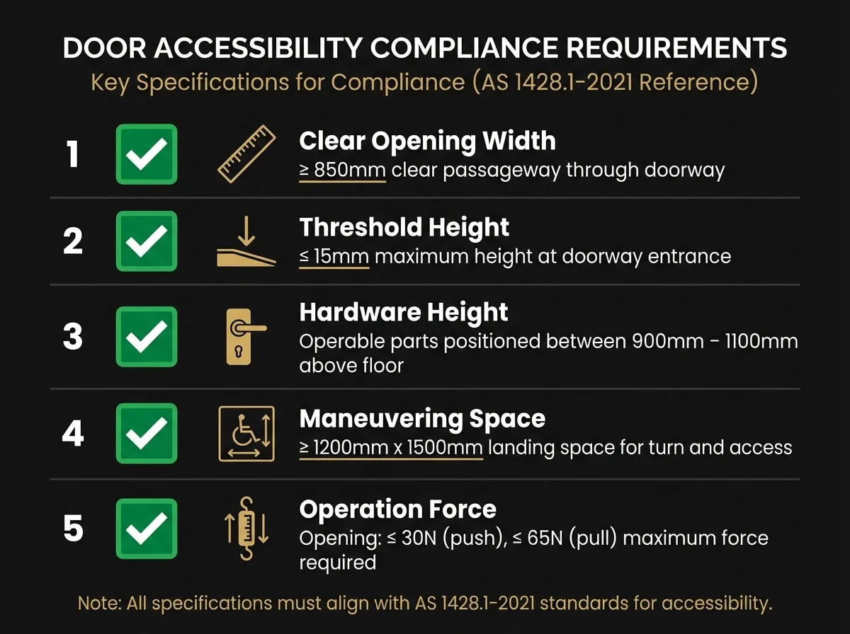 Accessibility compliance checklist for door specifications under AS 1428.1-2021 in Victoria