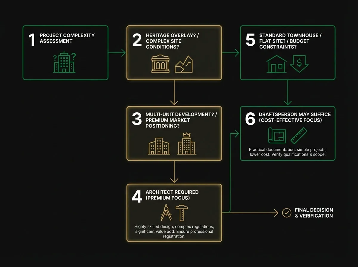 Melbourne property development decision flowchart for selecting architect or draftsperson