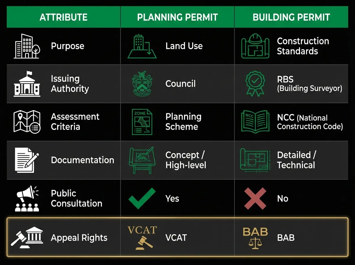 Planning permit vs building permit comparison chart showing key differences in Victoria