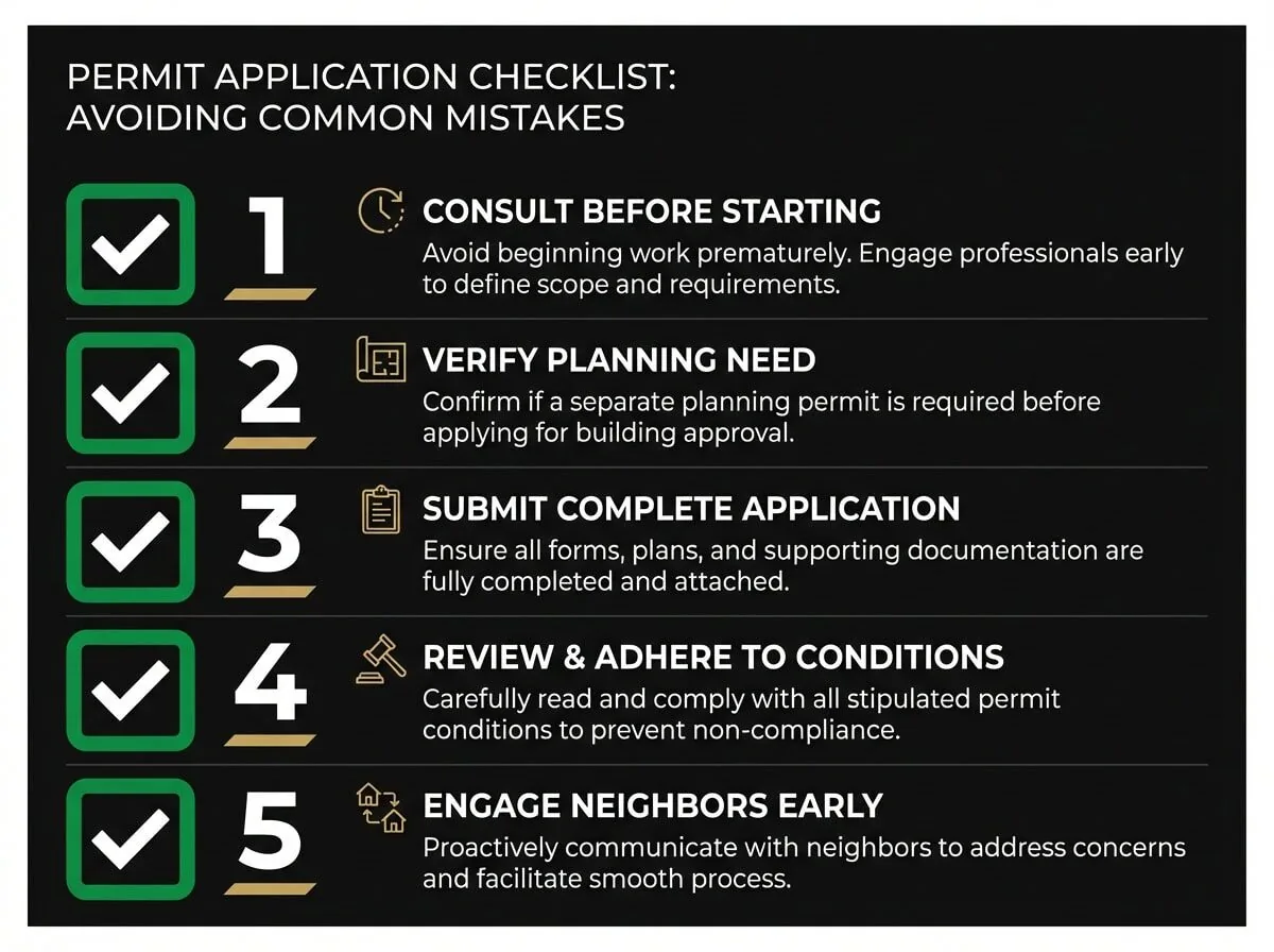 Planning and building permit application checklist showing common mistakes to avoid