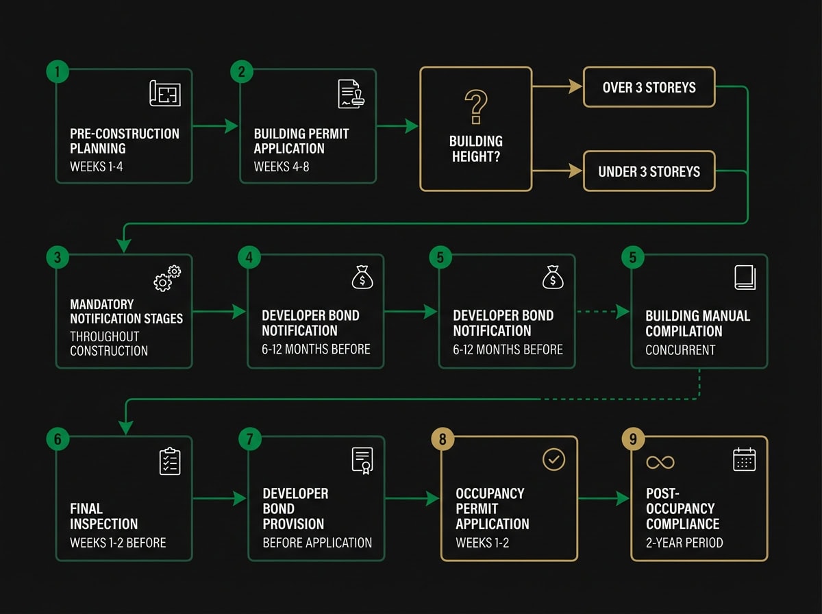 Building compliance certificate process flowchart showing 9 steps from pre-construction to occupancy permit in Victoria