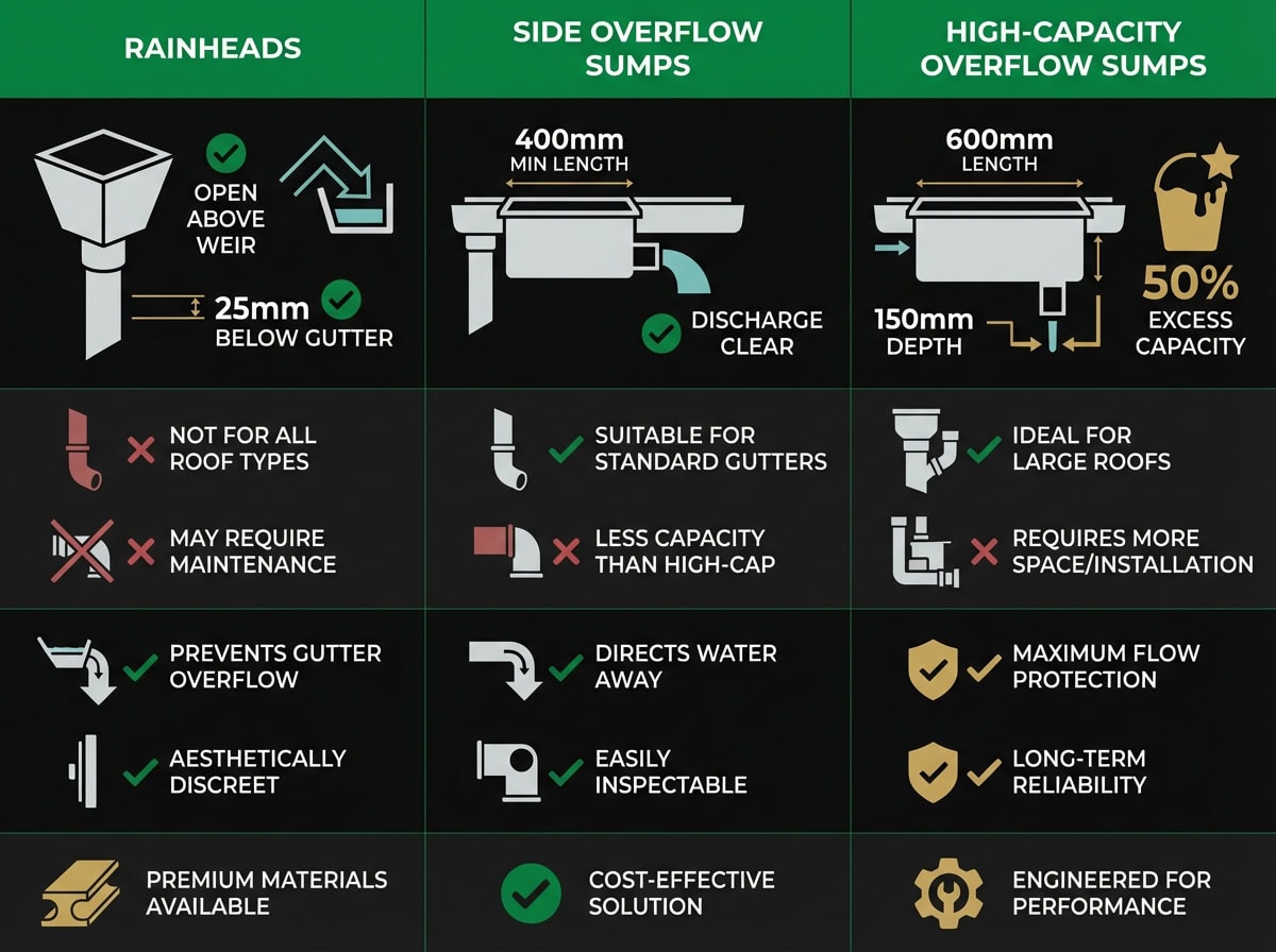 Box gutter overflow protection comparison chart showing rainhead, side overflow, and high-capacity sump specifications for Victorian developments