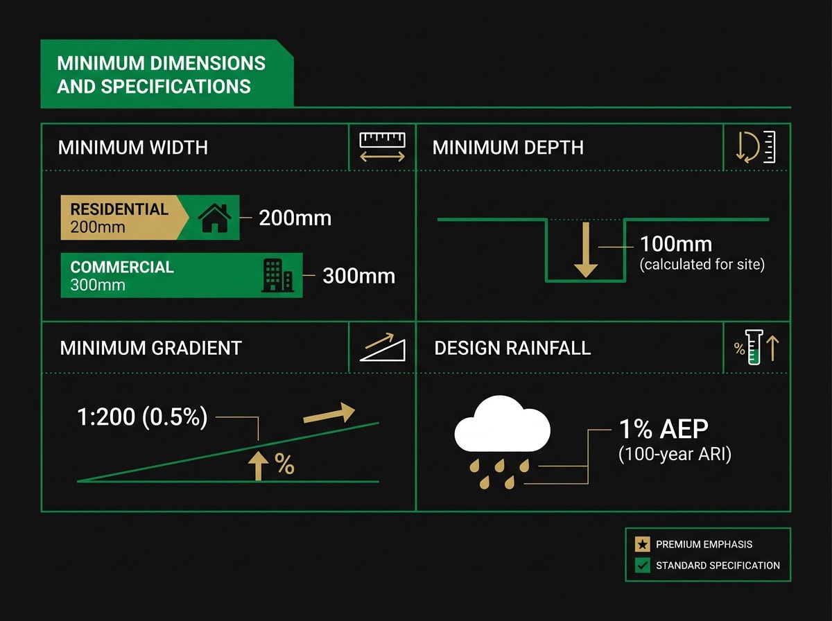 Box gutter minimum dimension specifications chart showing width, depth, gradient, and rainfall requirements under AS/NZS 3500.3