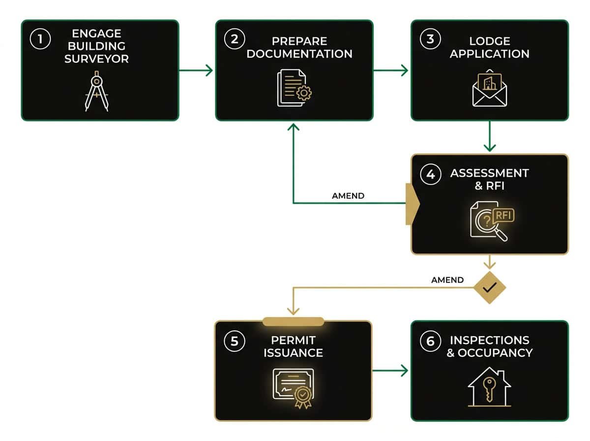 Building permit application flowchart showing Victoria's 6-step approval process from surveyor engagement to occupancy permit