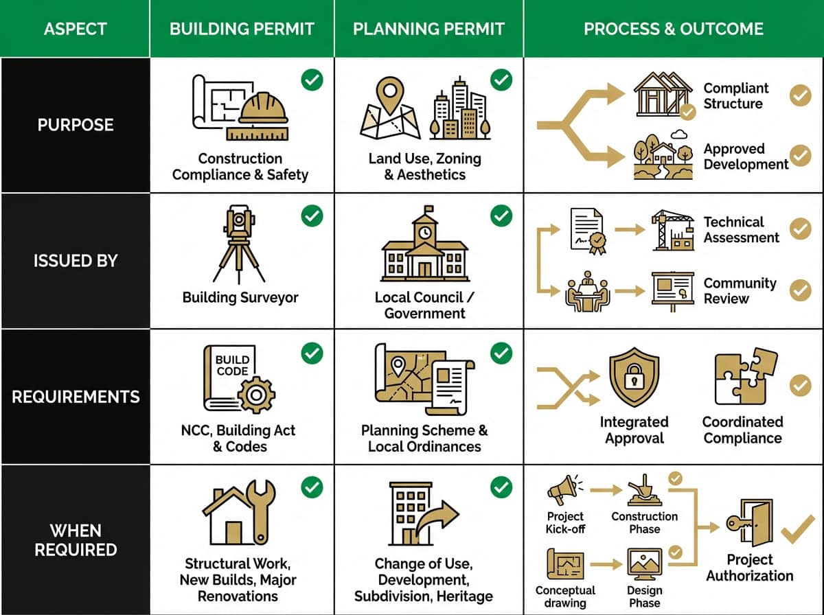 Building permit versus planning permit comparison chart for Melbourne developments showing key differences in Victoria