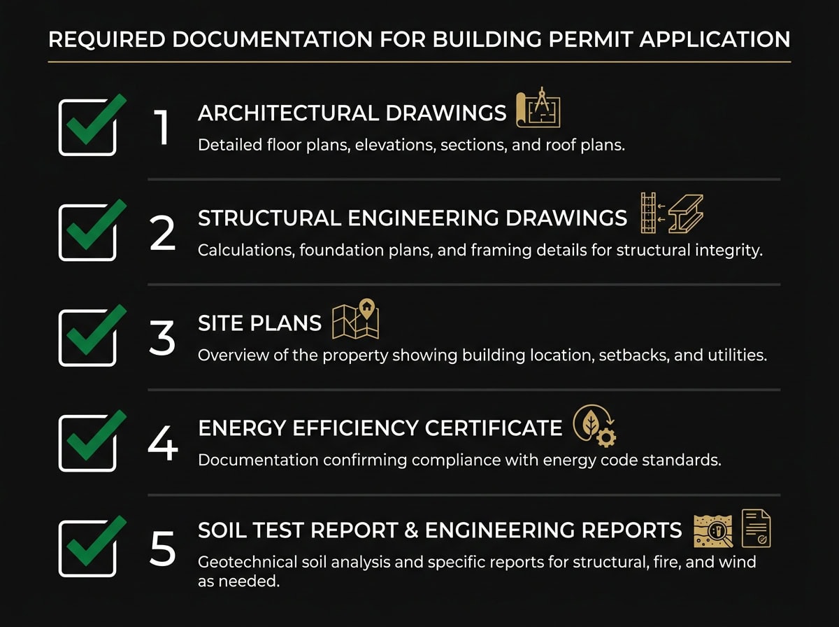 Building permit documentation checklist showing required reports and plans for Victoria applications