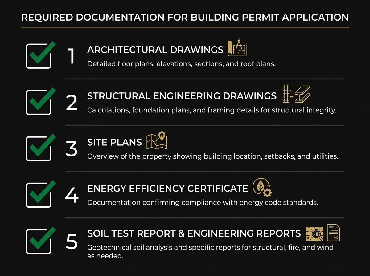 Building permit documentation checklist showing required reports and plans for Victoria applications