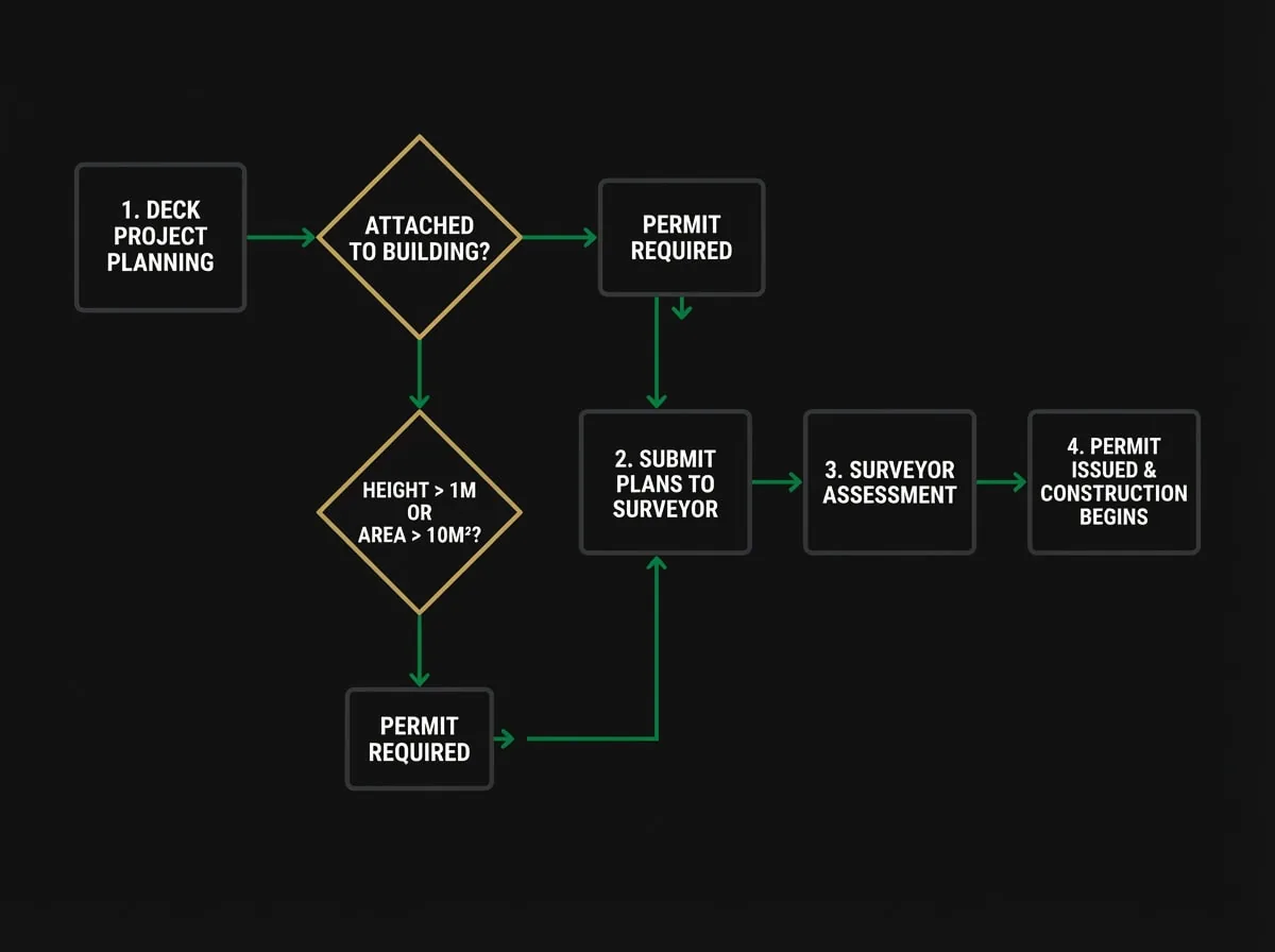 Victorian deck building permit application flowchart showing decision points for permit requirements